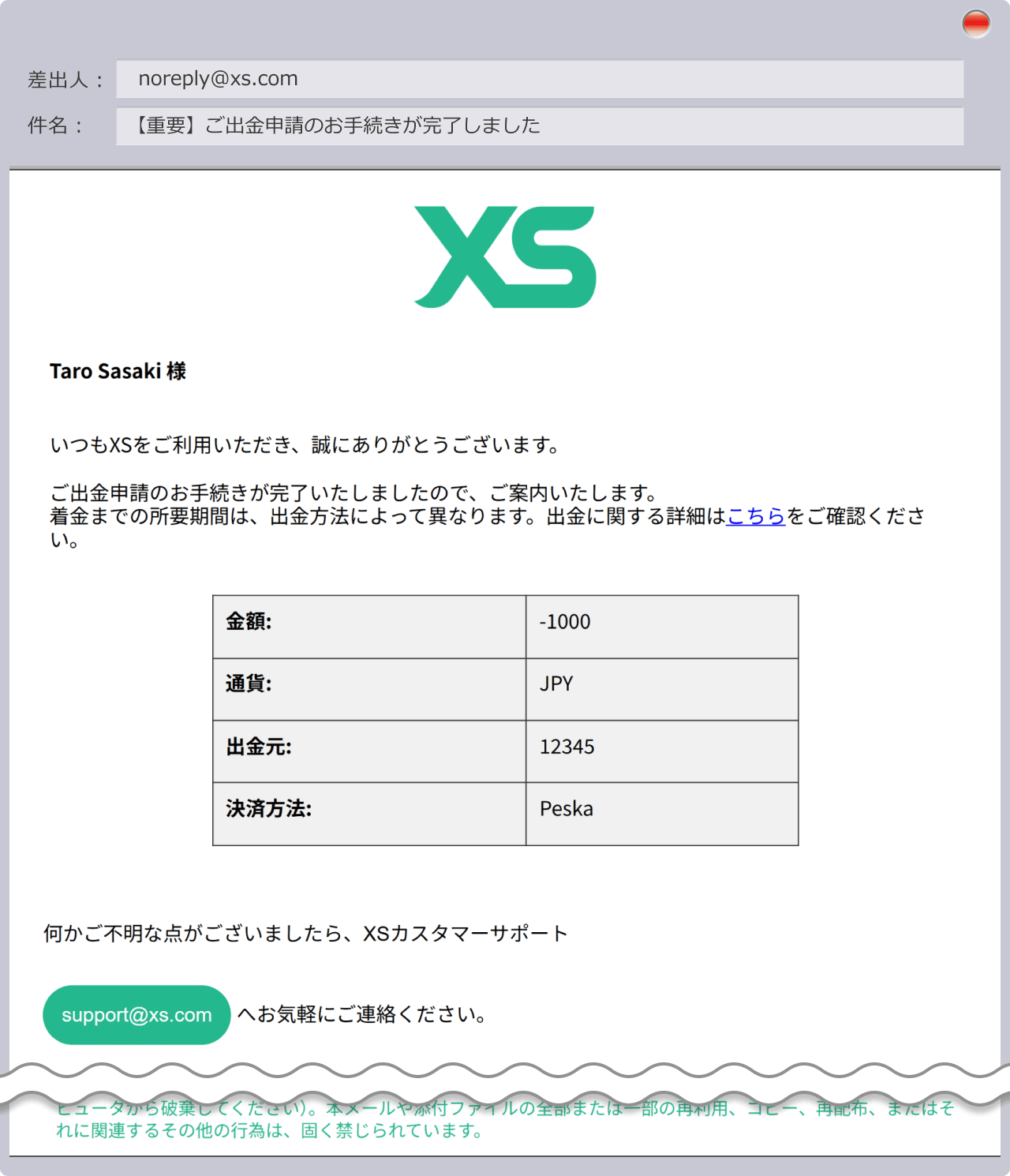 出金申請手続き完了の通知